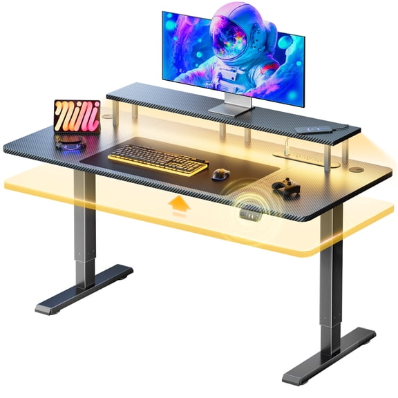 47 inch Standing Desk with LED Lights & Power Outlet, Height Adjustable Sit Stand up Desk with 2 Memory Preset and Monitor Stand, Home Office Desk