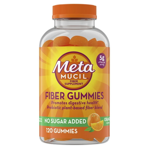 Metamucil Fiber Gummies for Adults, No Sugar Added Orange Flavor, 5g Prebiotic Plant Based Fiber Supplement Blend, 120 Count