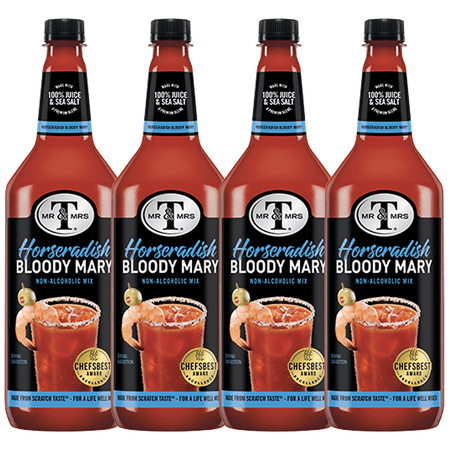 Mr & Mrs T Horseradish Bloody Mary Mix, 1L Bottle, 4 Pack – Premium Cocktail Mixer for Spicy Bloody Marys, Ready to Use