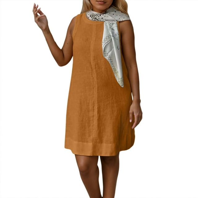 Vestido informal de verano para mujer: chaleco de color liso, cuello redondo, sin mangas, cómodo