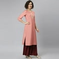 thumbnail image 5 of Janasya Indian Round Neck 3/4 Sleeve Embroidered Peach Poly Silk Kurta For Women, 5 of 7