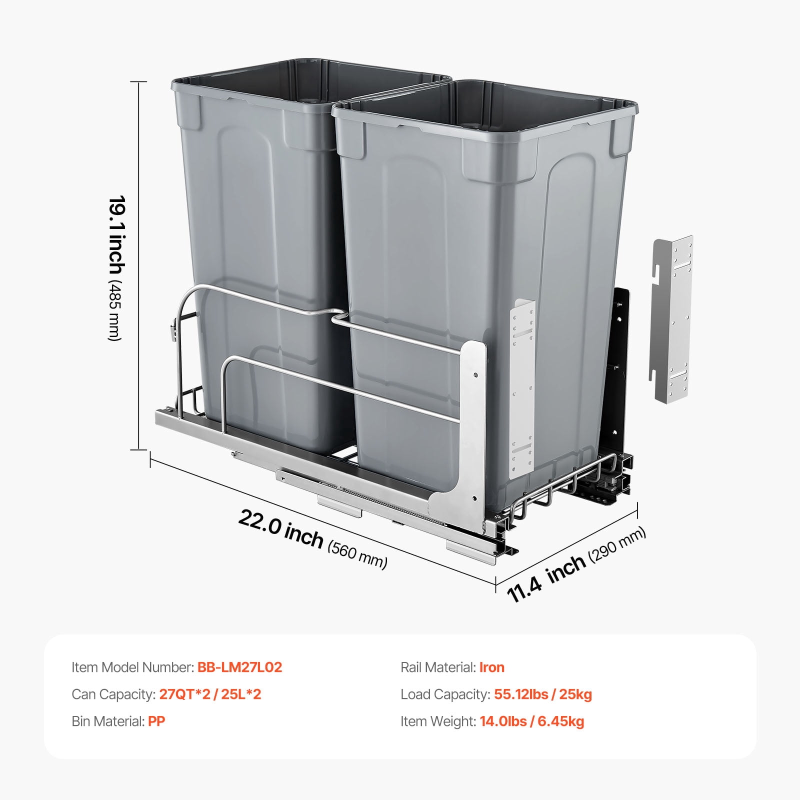 VEVOR Pull-Out Trash Can, 27 QT x2 Double Under Mount Kitchen Waste Container, Heavy Duty Garbage Recycling Bin with Door Kit and Soft Close Slide, for Kitchen Cabinet, Sink, Under Counter (Grey)