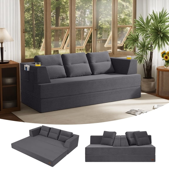 COMAX Futon Sofa Bed Queen, 79" Convertible Sofa Bed Couches for Living Room, 4 in 1 Folding Boneless Sleeper Corduroy Couch Loveseat Foam In a Box, Comfy Foldable Lounge Fold Out Floor Mattress Grey