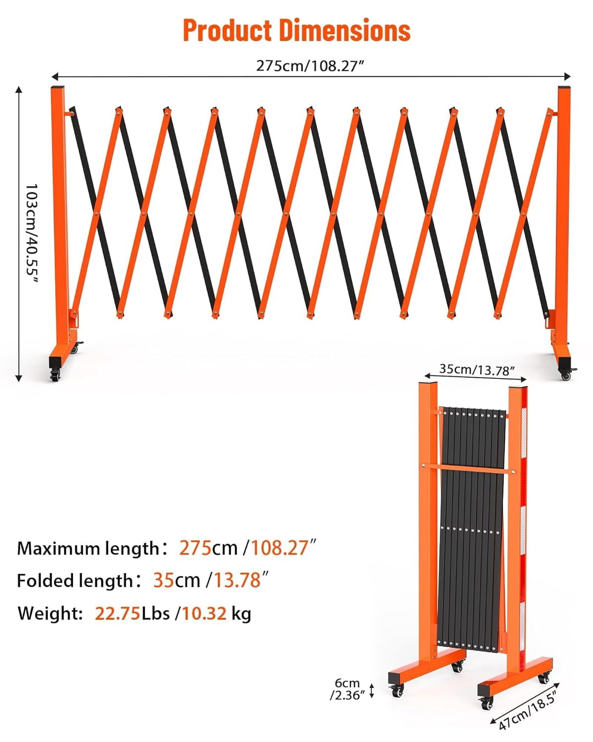 Kojooin Expandable Barrier Gate, Folding Safety Fence with 6 Wheels and 270 Degree Adjustment for Driveways and Events