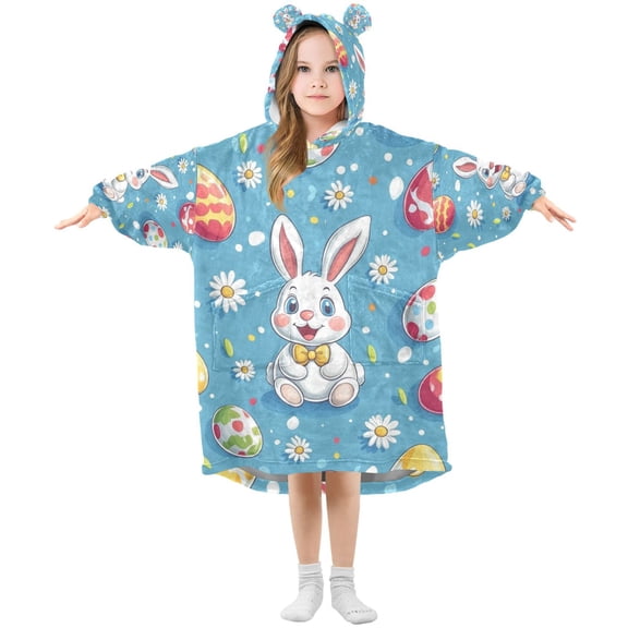 FORMRS Wearable Blanket Hoodie with Sleeves for Kids Cozy Flannel Sweatshirt, Easter Bunny Pattern