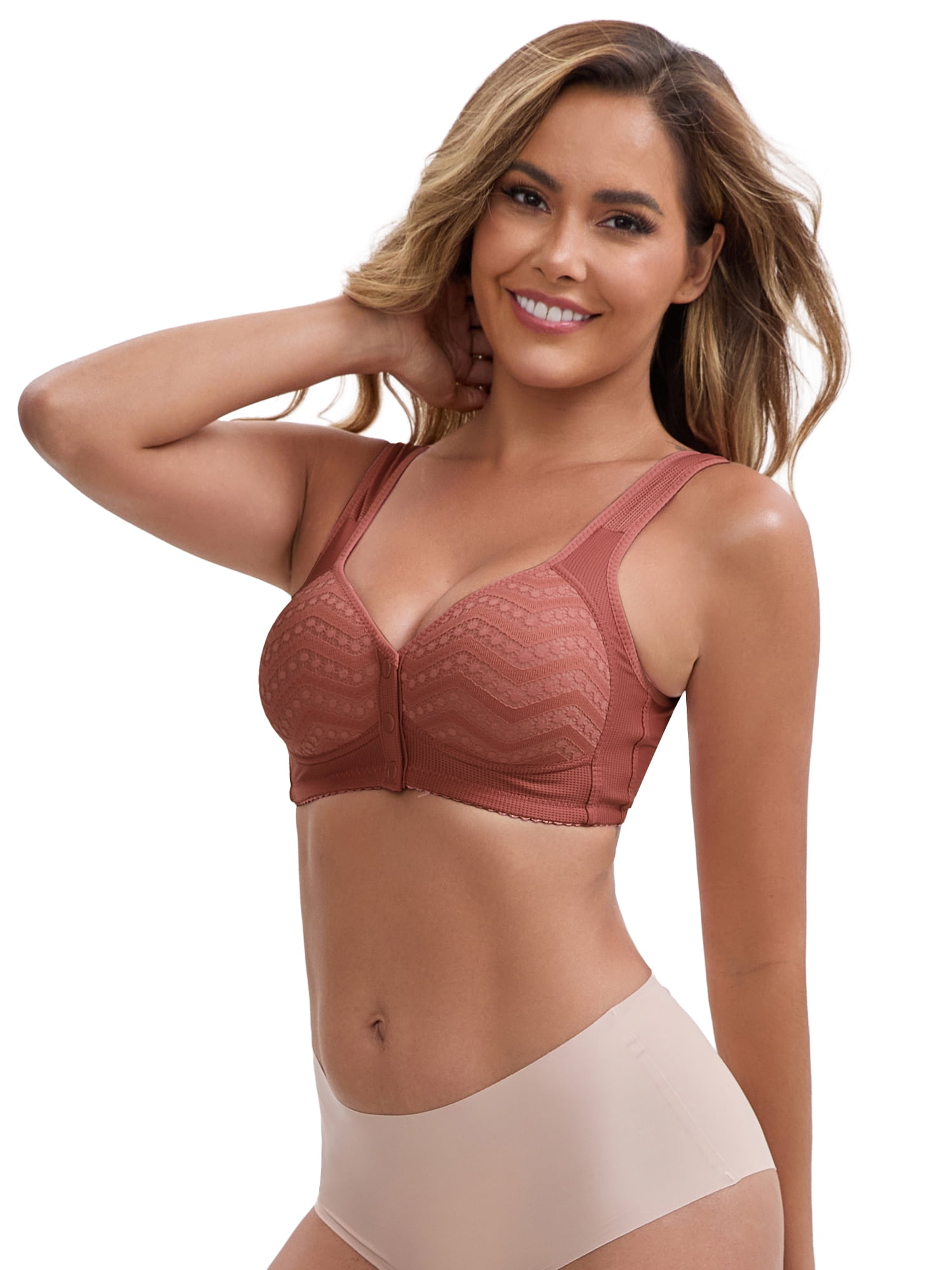 DARING DIVA Women's Lace Front Closure Push Up Wide Strap Bra XXL Dark Pink