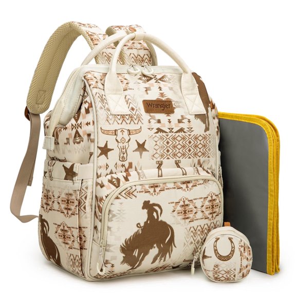 Wrangler Diaper Bag Backpack Western Backpack Purses with Changing Pad and Pacifier Case, Cow-Brown