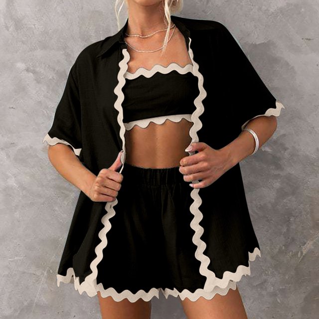 Georges Shorts pour Femmes Ensemble Tendance pour Femmes Décontracté Uni à Manches Courtes Ensembles de Shorts Pyjamas Décontractés à Manches Courtes à Revers