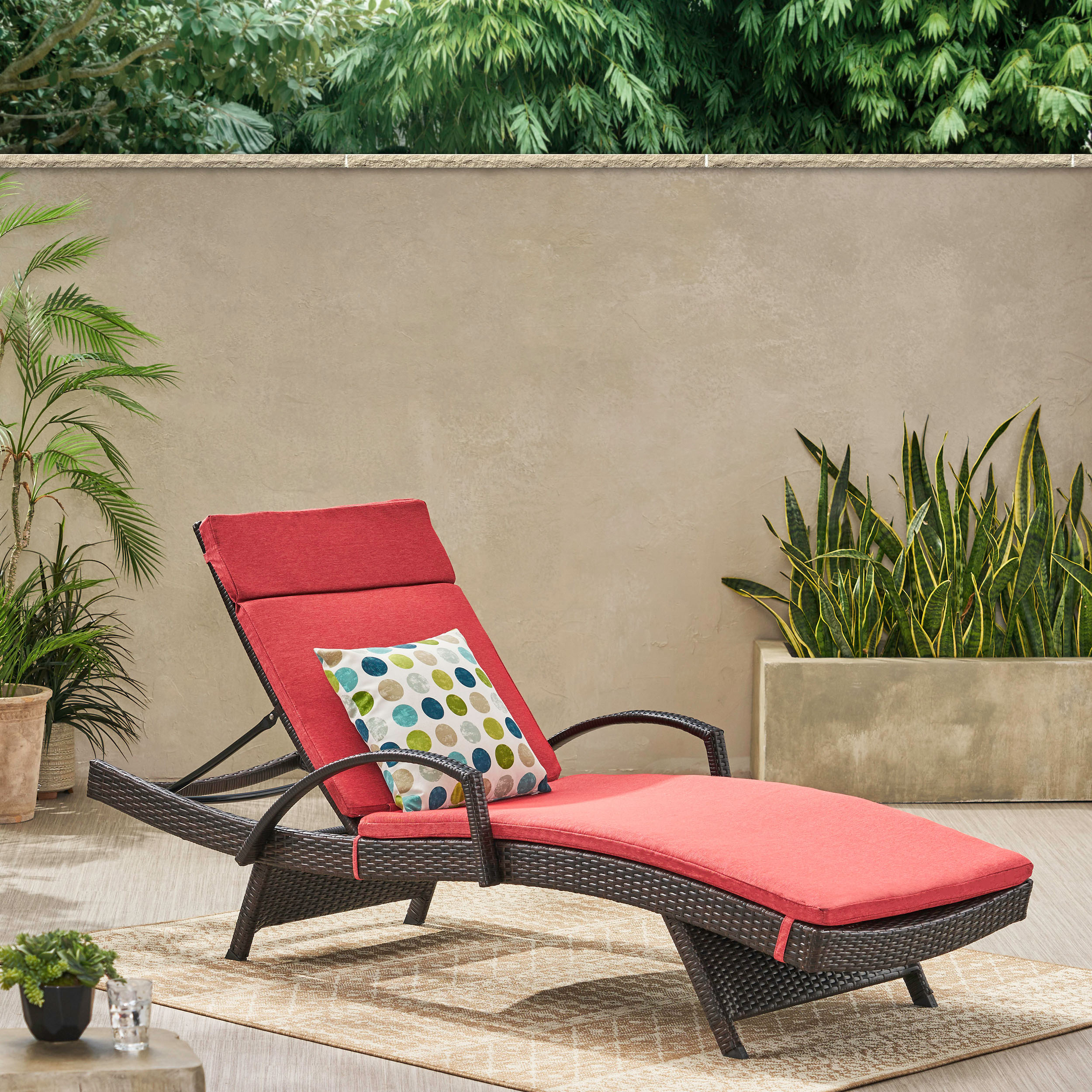 GDF Studio Olivia Outdoor Wicker Adjustable Chaise Lounge with Cushion, Multibrown and Red - image 5 of 8