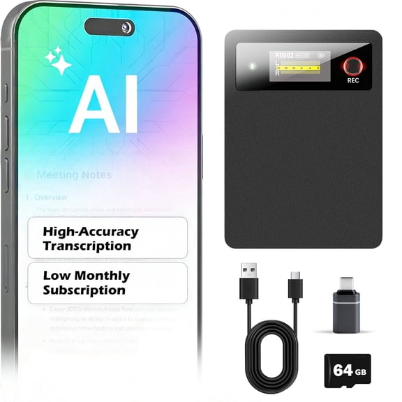 RONY AI Voice Recorder, Transcription Translation Smart Summary, File Security, Compact Design for Work Study Interviews Lectures, 64GB, Black