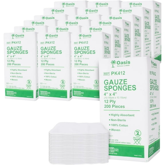 4 x 4 inch Gauze Sponges, 100% Cotton, 12-Ply Woven Non-Sterile Gauze, 4000 Pc (20 Packs of 200)