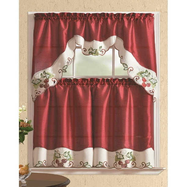 All American Collection Modern Embroidered 3pc Kitchen Curtain Set With
