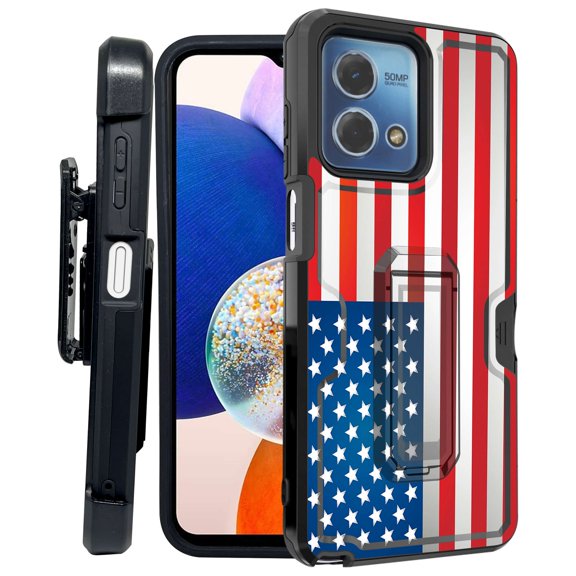 ANJ  Rugged Shockproof Kickstand Hybrid Case with Card Slot and Holster   Tempered Glass Cover for Motorola Moto G Stylus 5G (2023) - American Flag