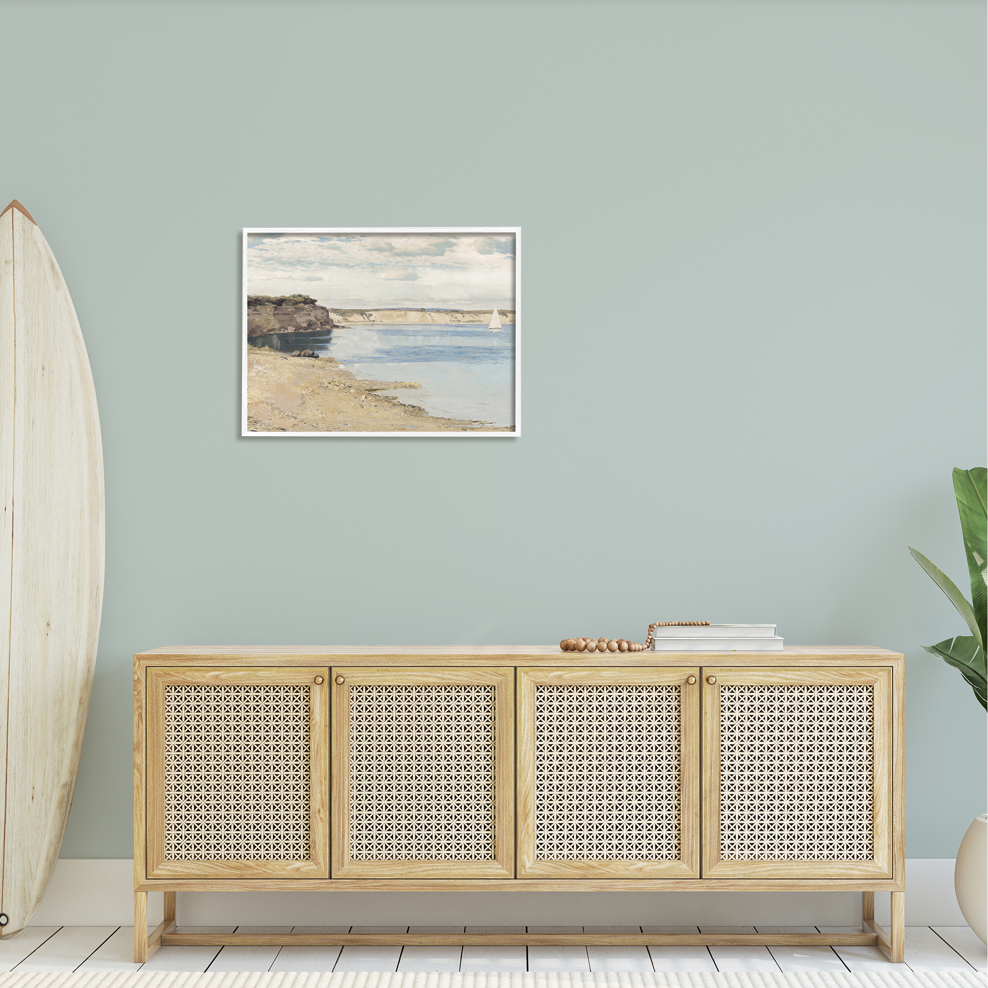 Stupell Rocky Coastal Cove Sailboat Landscape Painting White Framed Art Print Wall Art