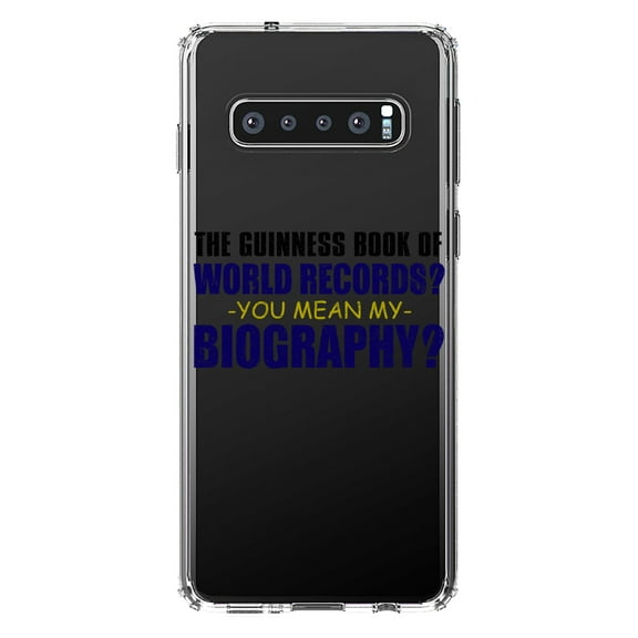 DistinctInk Clear Shockproof Hybrid Case for Samsung Galaxy S10 (6.1" Screen) - TPU Bumper Acrylic Back Tempered Glass Screen Protector - Guinness Book Of Records - My Biography