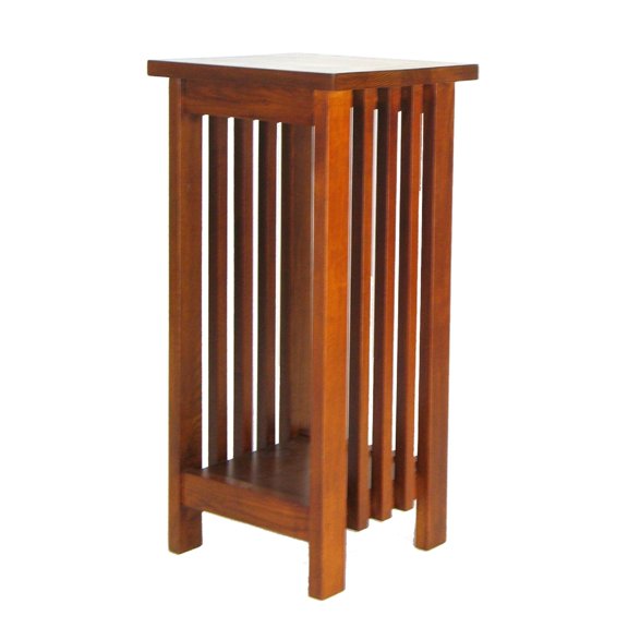 25 Inch Wooden Flower Stand with Slatted Sides and Bottom Shelf, Brown- Saltoro Sherpi