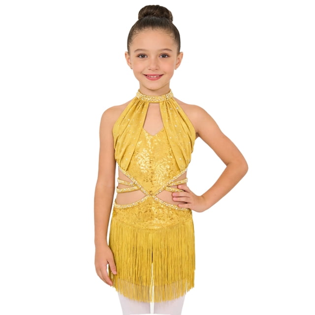 dPois Robe de Danse Latine Rumba Samba à Franges pour Filles, Taille Découpée, Paillettes, Tenue de Danse de Salon, Justaucorps à Jupe de Ballet, Jaune 16