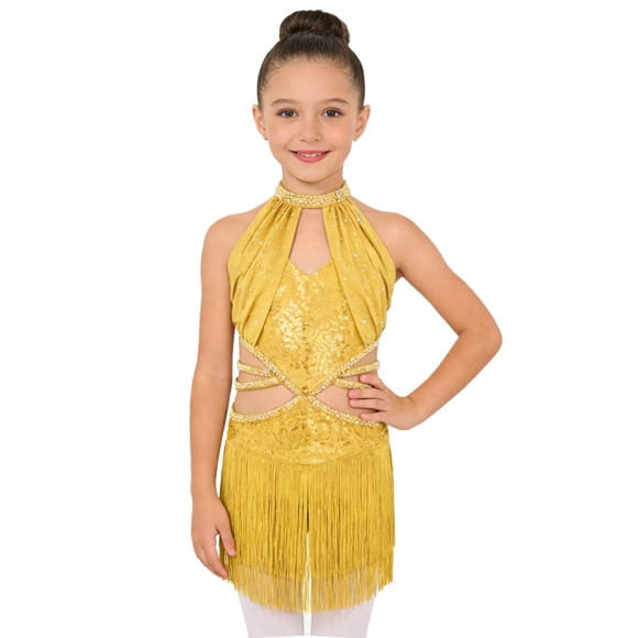 dPois Girls Tassel Latin Rumba Samba Dance Dress Cutout Waist Sequin Ballroom Dancewear Ballet Skirted Leotard Yellow 8
