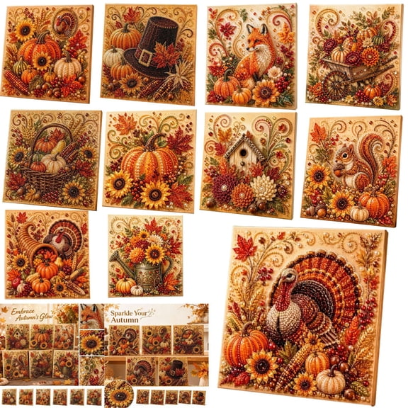 Fall Harvest Pearl Diamond Painting Kit with Frame, Autumn Pumpkin Sunflower Gem Art Craft for Adults Beginners Home Wall Decor(Style-B)