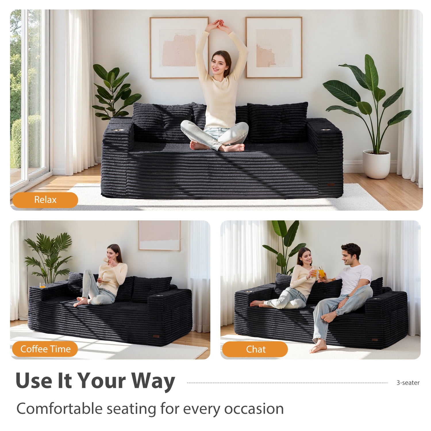 BYBYME 78.7" Corduroy Cloud Floor Sofa,Modular Comfy Small Cloud Couch for Small Spaces,Boneless Sofa for Living Room,No Assembly,3-Seater,Black