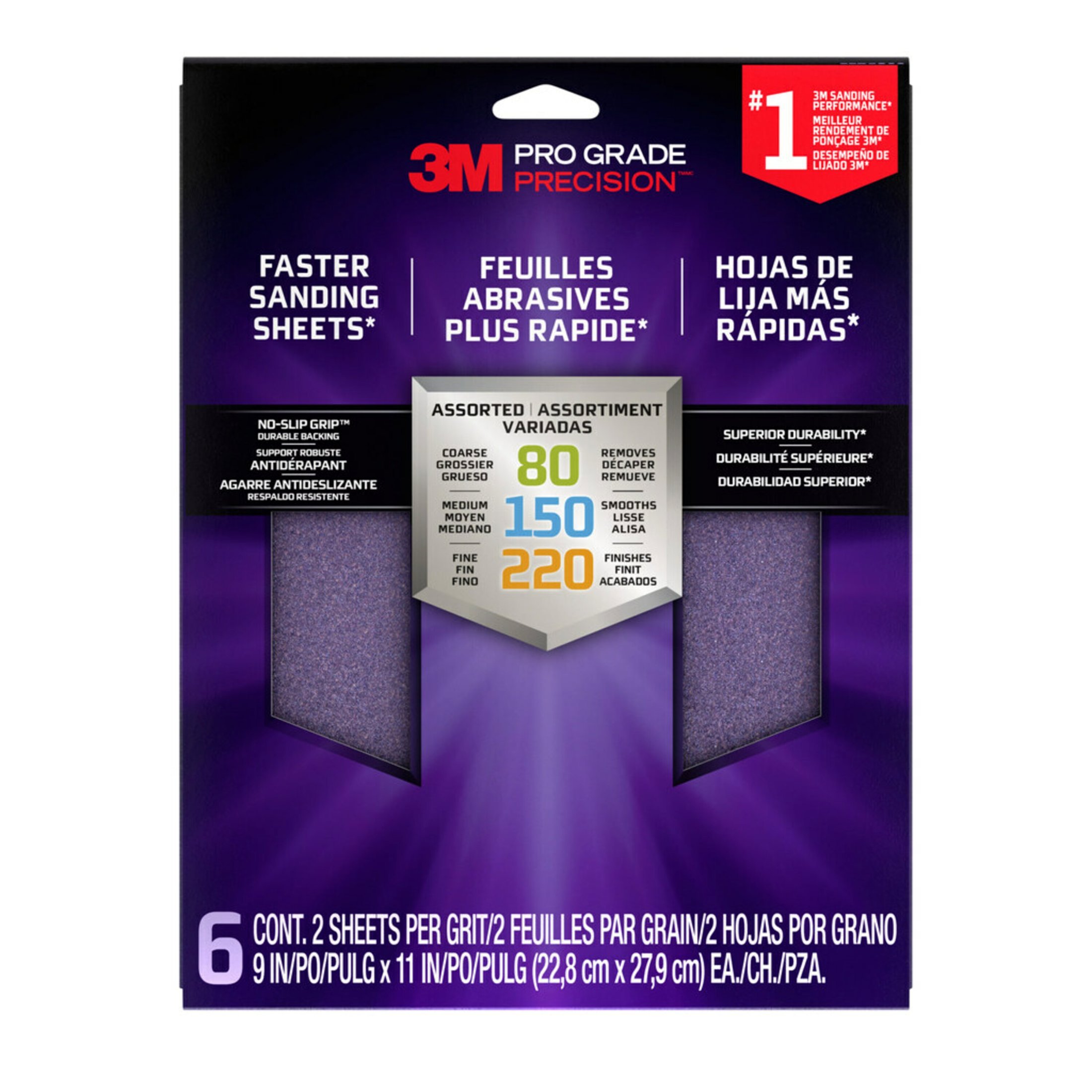3M Pro Grade Precision Sandpaper, No-Slip Grip Backing, 9 in x 11 in, Assorted Grit, 6 Sheets