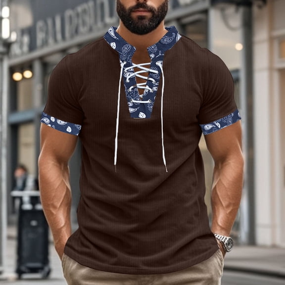 COSFO Short Sleeve Shirts for Men V Neck Corduroy Vintage Basic Tops Pullover Drawstring Regular Fit Mens Graphic Tees