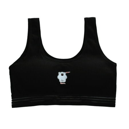 

Puberty Young Girls Cotton Sports Training Bra Cartoon Bear Print Ribbed Bralette Breathable Mesh Padded Underwear Vest
