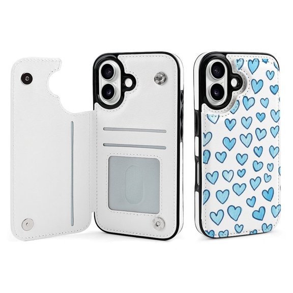 Compatible with iPhone 11 12 13 mini 14 15 16 Pro Max Plus Wallet Case with Card Holder, PU Leather Kickstand Card Slots Case ( Blue Heart, iPhone 16)