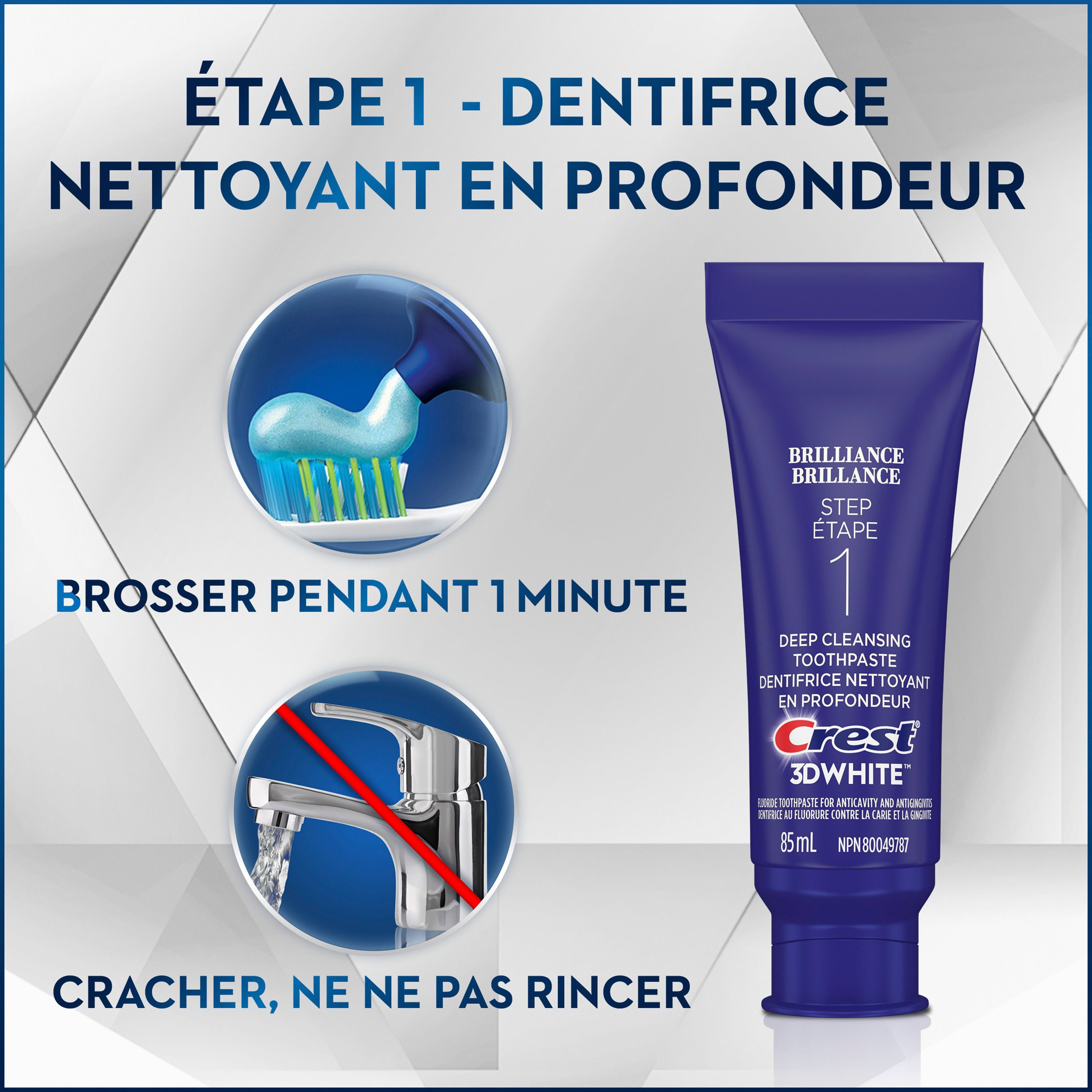Dentifrice en deux étapes Crest 3D White Brillance + gel blanchissant 1 tube de 85 m (Dentifrice) et 1 tube de 63 ml (Gel)