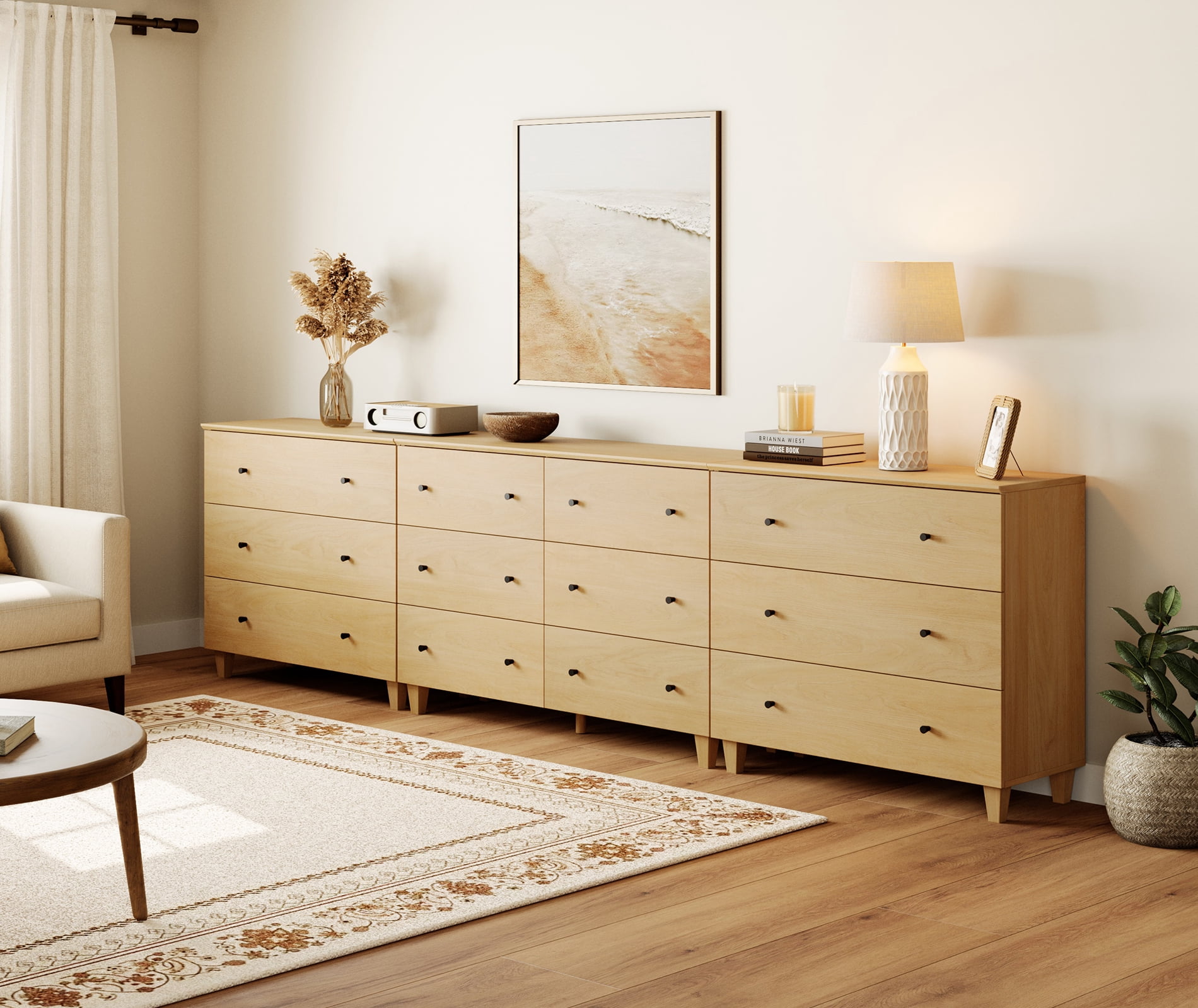 WAMPAT Modern TV Stand for 100+ Inches TVs, 3-in-1 Large Wooden Media Console with 12 Spacious Drawers for Living Room, Beige