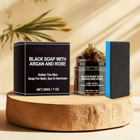 HYLLai Moroccan Black Soap Scrub – Exfoliating Body Wash with Loofah Sponge – 200g