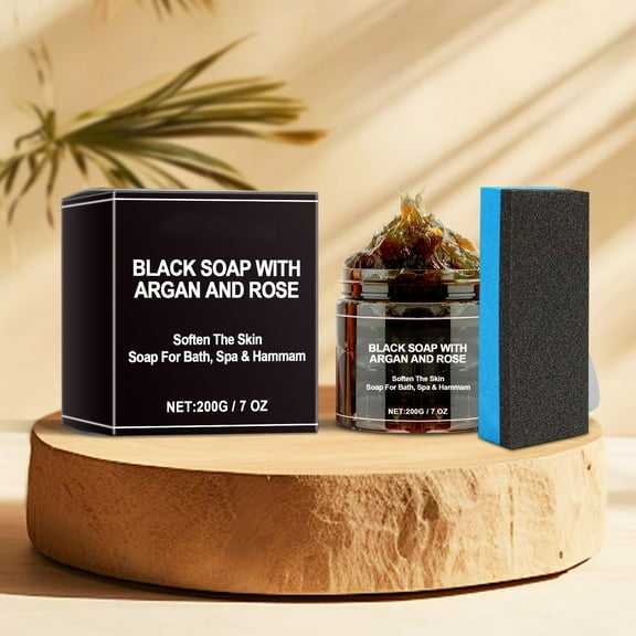 HYLLai Moroccan Black Soap Scrub – Exfoliating Body Wash with Loofah Sponge – 200g