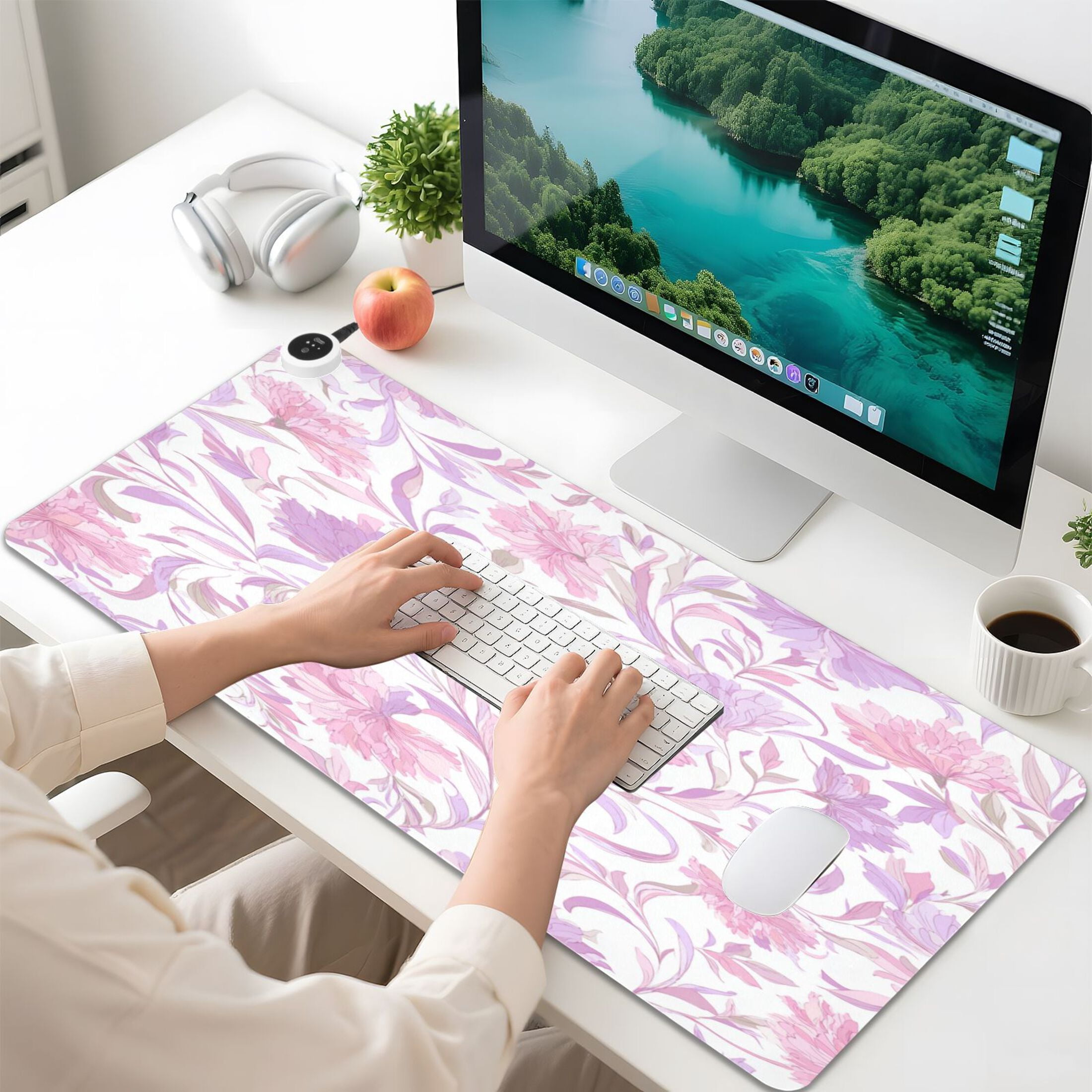 Large Heated Desk Mat Mouse Pad 31.5"x13"PU Leather Graphene Heating Desk Warmer with 3 Temperature Settings 110V US Plug Non-Slip Warm Pad for Home, Office, and Gaming Pink Colors Whimsical Flowers
