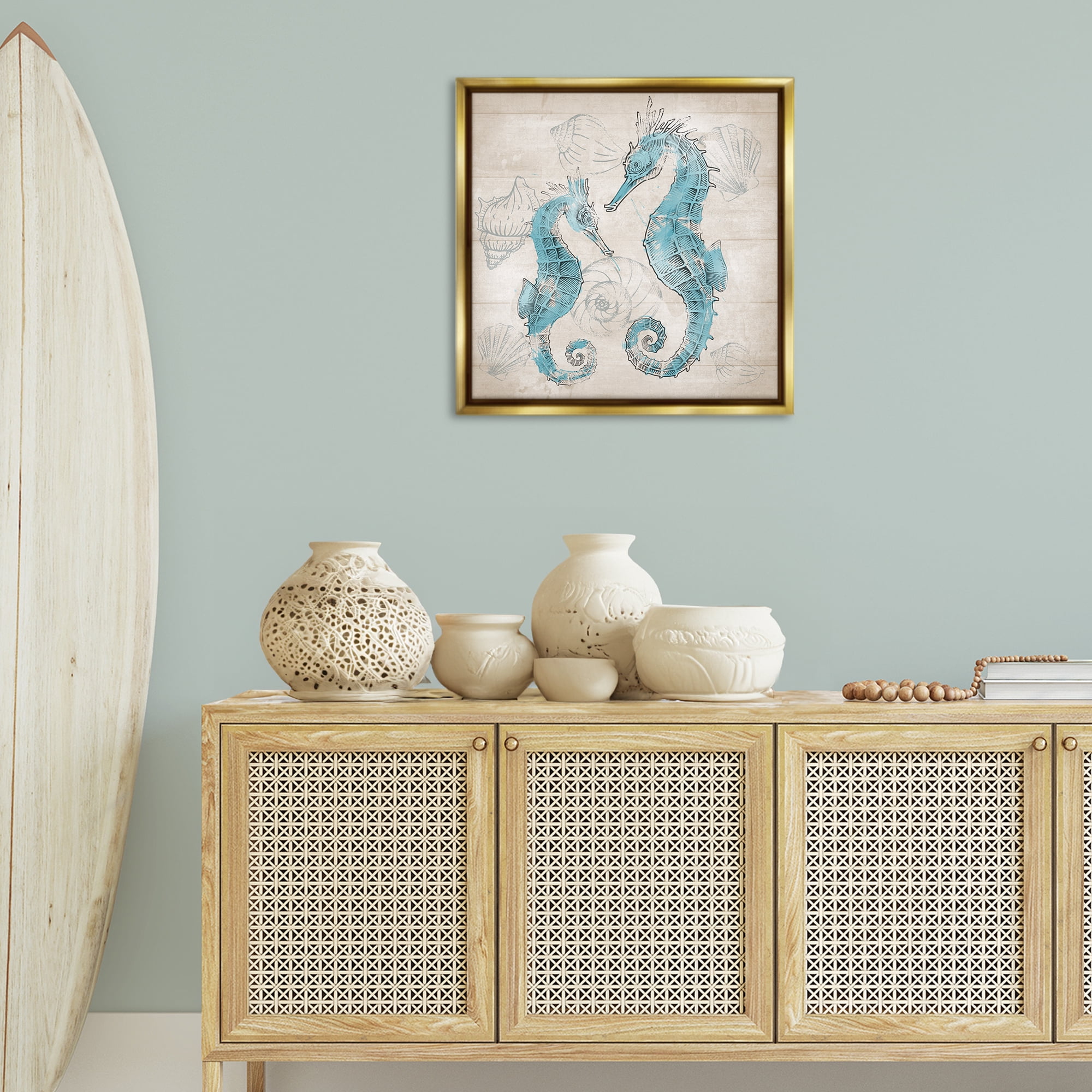 Stupell Industries Blue Seahorses on Rustic Animals Painting Gold Floater Framed Canvas Art Print Wall Art, 25 x 25
