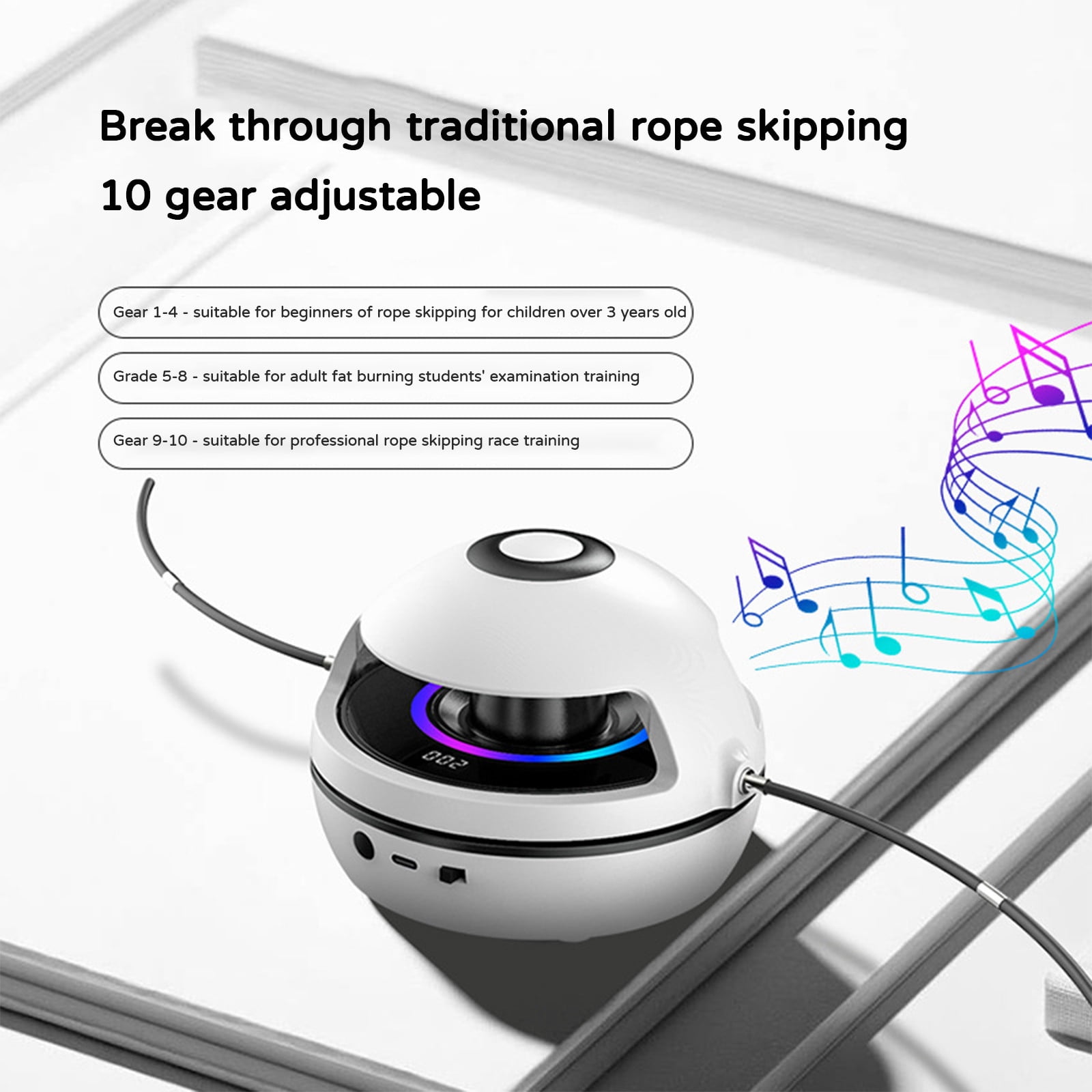 Smart Electric Jump Rope, Wireless Remote Control Skipping Rope with Bluetooth Music and LED Lights, Fitness Equipment for Multi-Person Entertainment, Tracks Jumps Calories and Time, White, 1pc