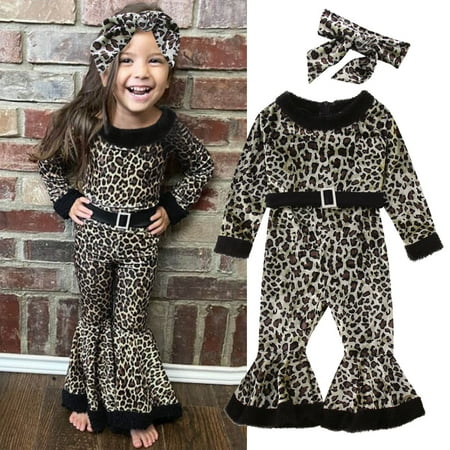 

NIUREDLTD Toddler Girls Long Sleeve Leopard Prints Romper Bell Bottoms Flare Jumpsuit Headbands Set