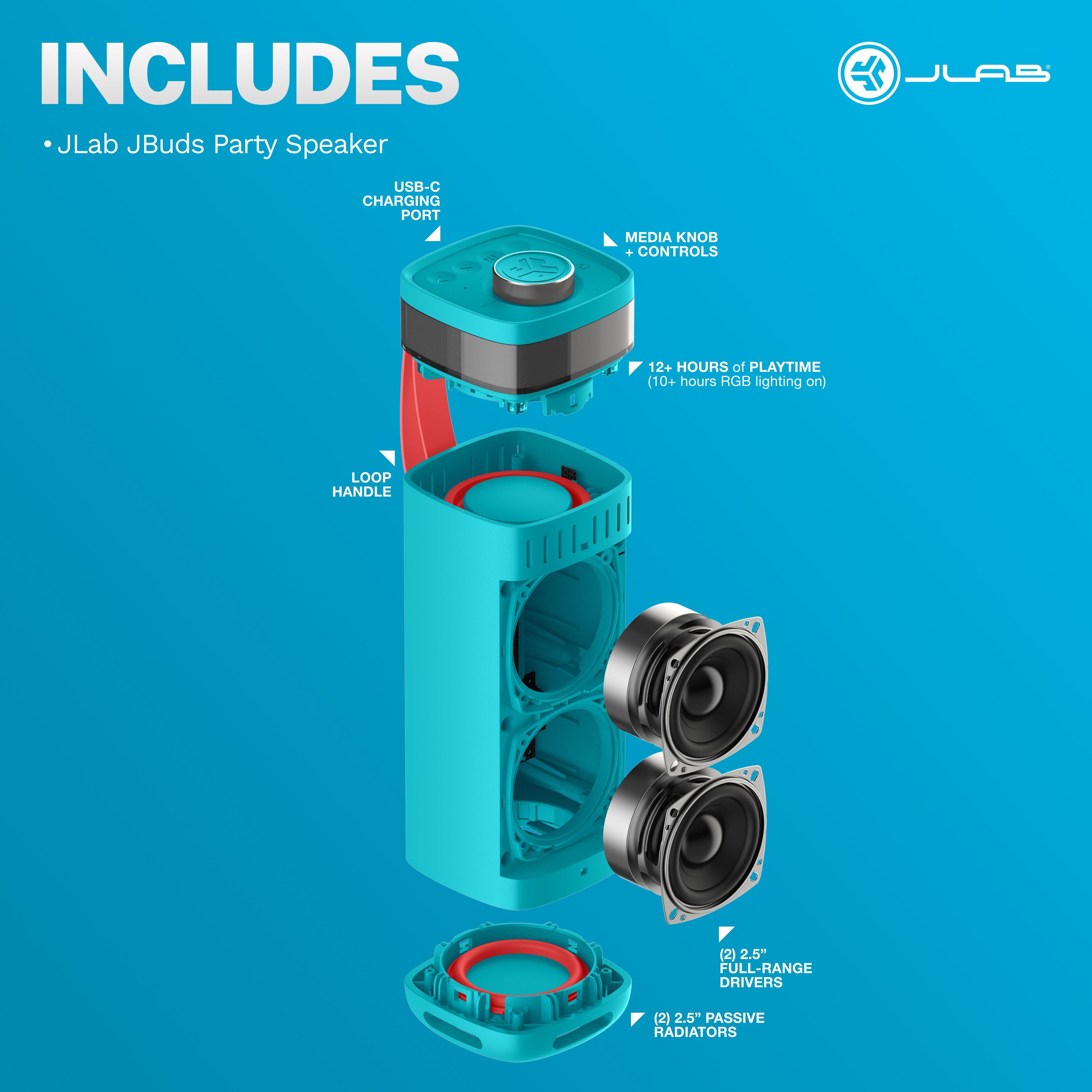 JLab JBuds Party Portable Bluetooth Speaker, 30W, 12 Hour Playtime, RGB Lighting, Splashproof, Navy
