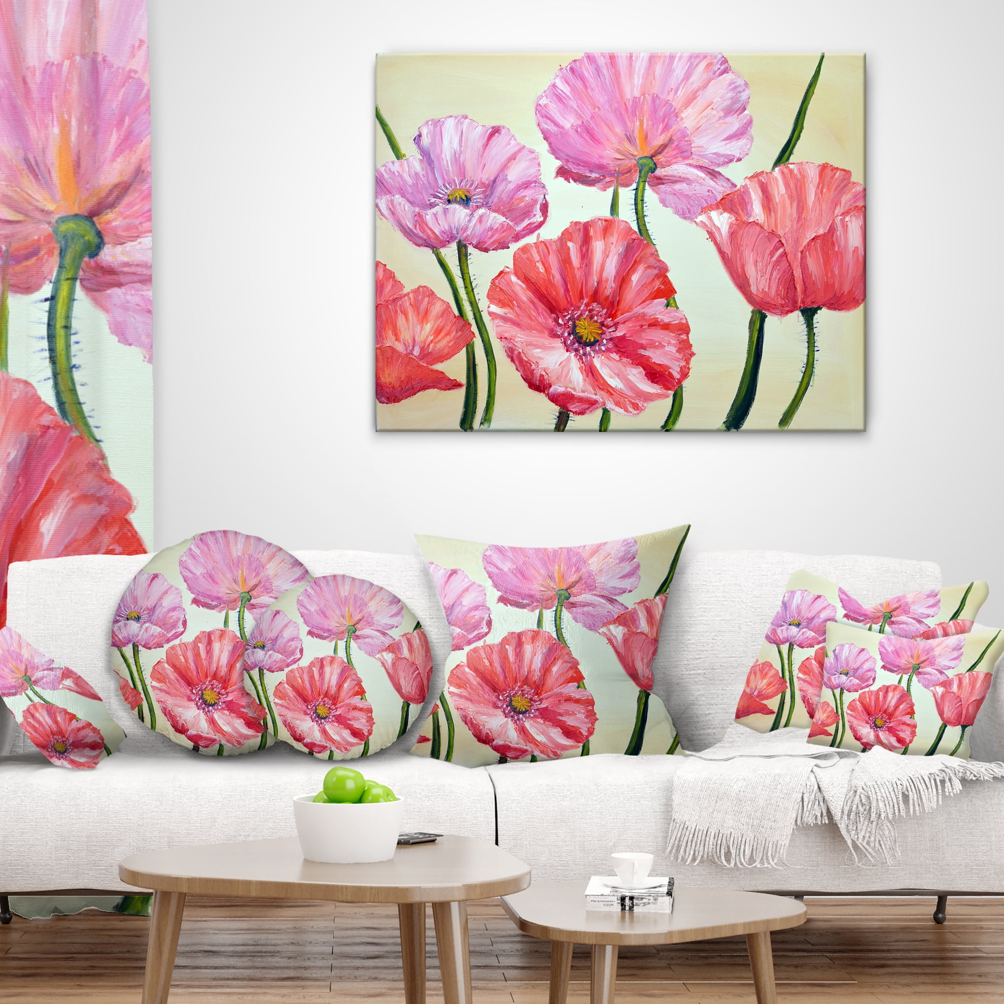 Designart Red and Pink Poppies - Floral Throw Pillow - 18x18