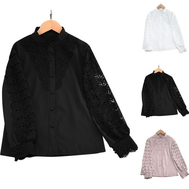 Tops babydoll,Camisa de encaje para mujer, elegante blusa de cuello redondo, manga larga abotonada, mezcla de poliéster, ropa informal, sopatenor