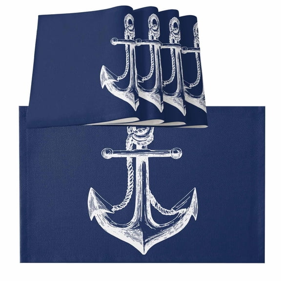 Navy Blue Anchor Placemats for Dinning Table Set of 6, Coastal Nautical Marine Minimalist Burlap Kitchen Place Mats Waterproof Cloth Table Mats, Indoor Outdoor Placemats Easy Clean Dinner Decor