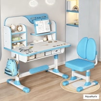 AquaAurix Kids Study Desk and Chair Set Height Adjustable Children School Study Drawing Desk Chair,with Astronaut Pattern, Ergonomic Desk Chair with Large Writing Board, Bookshelf and Drawer Blue