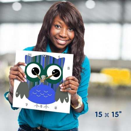 3dRose, Cute Bold Bright Blue Striped Owl, 15x15 Wall Clock