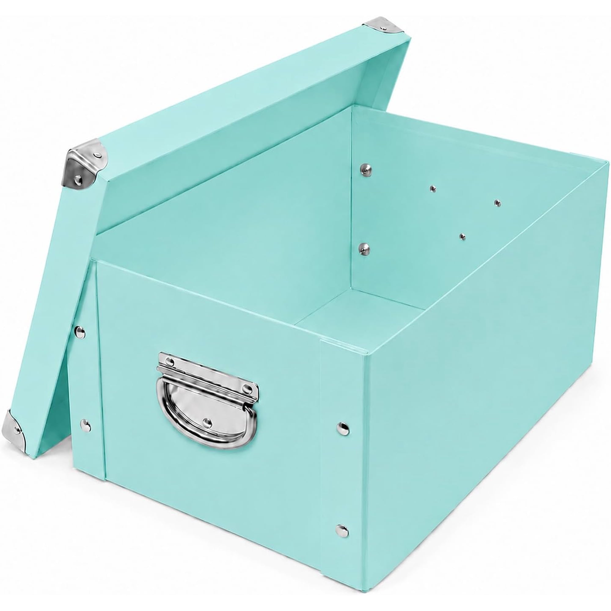 Collapsible Storage Box with Lid and Metal Reinforced Corners Cardboard File Bin with Handles Decorative Organizer for Keepsakes Toys Photos Office Nursery Wardrobe Bookshelf