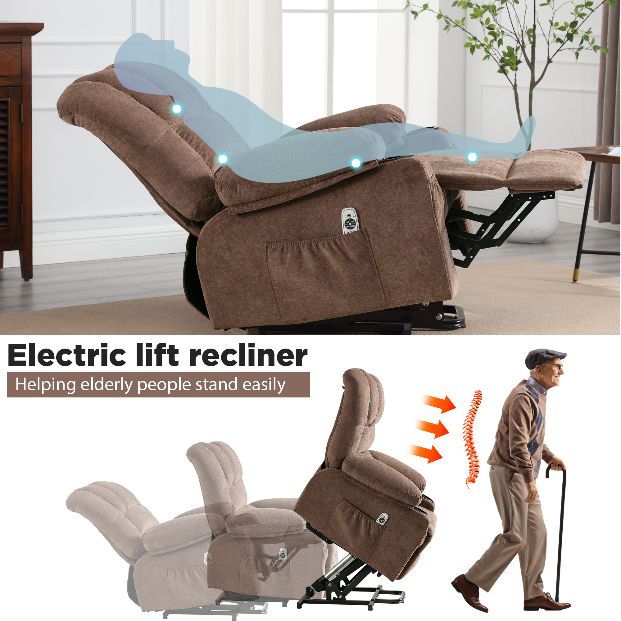 UHOMEPRO Power Lift Recliner Chair for Elderly with Heat and Massage, Recliner Chair for Livingroom with Infinite Position and Side Pockets , USB Charge Port, Cup Holders Fabric, Brown
