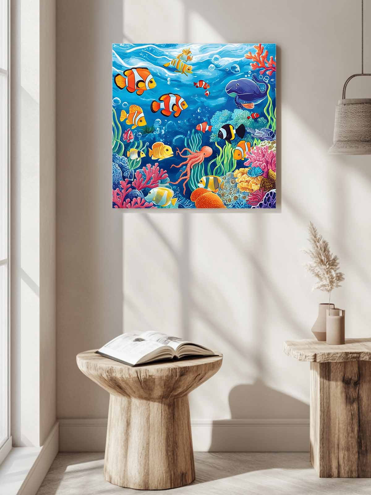 Ocean Underwater Canvas Wall Art, Marine Life Fish Octopus Coral Seagrass Framed Wall Decor Modern Artwork Prints Painting for Living Room, Bedroom, Kitchen & Cafe Decor 16x16 Inch