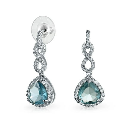 - 4CT Aqua Blue Teardrop Infinity Knot Pave CZ Prom Statement Dangle Earrings Simulated Aquamarine Silver Plated Brass