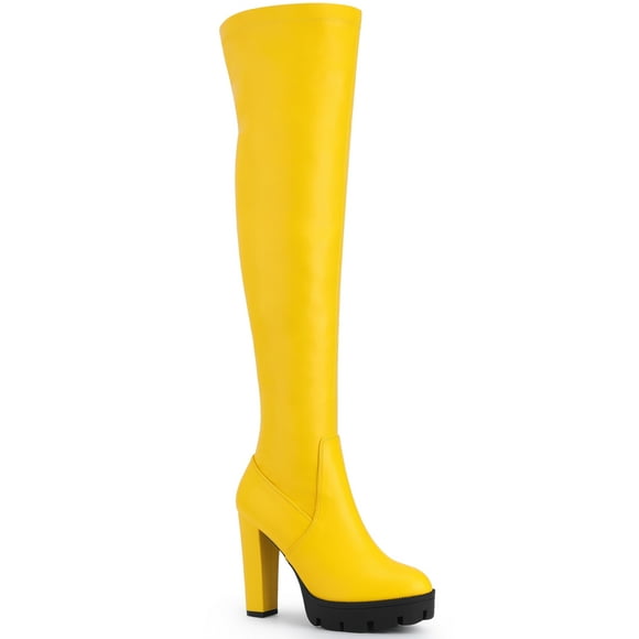 BLISSFUL STEP Women's Boots Platform Block High Heels Over Knee Side Zips Boots Yellow 7