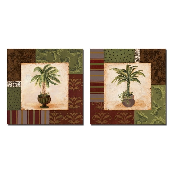 2 Potted Palm Trees with Collage Print Border; Two 12X12 Paper Poster Prints. Brown/Green/Burgundy