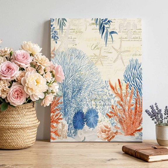 Ocean Corals Canvas Wall Art Framed Wall Decor for Living Room Bedroom Bathroom, Summer Beach Coral Sea Stars Retro Texture Canvas Pictures Ready to Hang Decor, 24"x36"