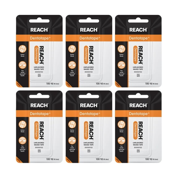 REACH Dentotape Waxed Dental DHF10 Floss Tape, Unflavored, Extra Shred & Frey Resistant, Plaque Remover for Teeth, Easy on Gums & Teeth, Oral Care, PFAS Free, for Adults & Kids, 6 Pack, 100 yd
